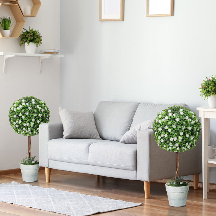 Set of 2 Decorative Artificial Plants, Ball Topiary Tree with Rose Flower in Pot, Fake Plants for Home Indoor Outdoor Decor, 60cm, White