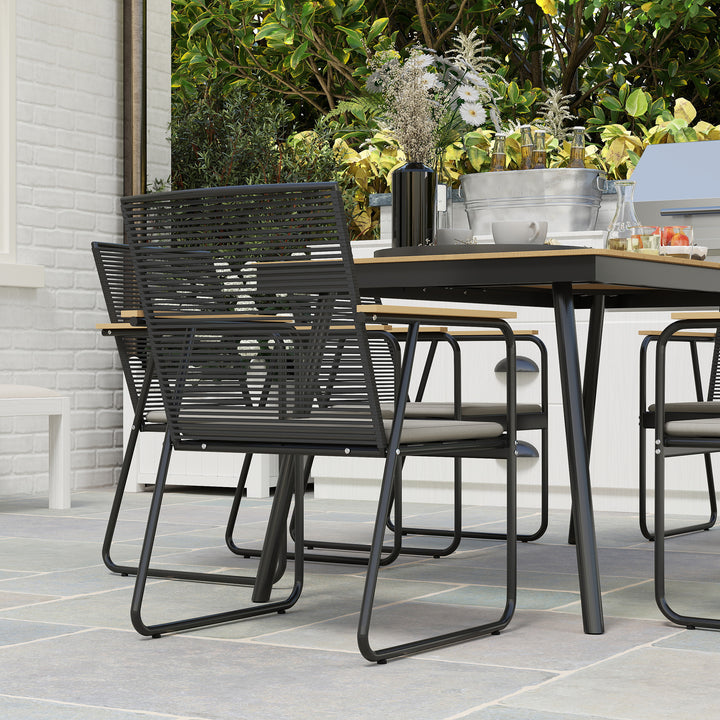 6 Seater Garden Dining Set with Soft Cushions, Rattan Backrest, Rectangular Plastic Top, Garden Furniture Set, Outdoor Dining Table and Chairs for Patio, Balcony, Poolside, Nature Wood Finish