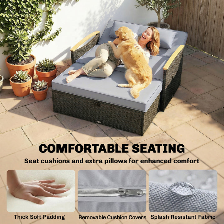 Double Garden Rattan Daybed, Wicker Sun Bed Chaise Lounger with Storag