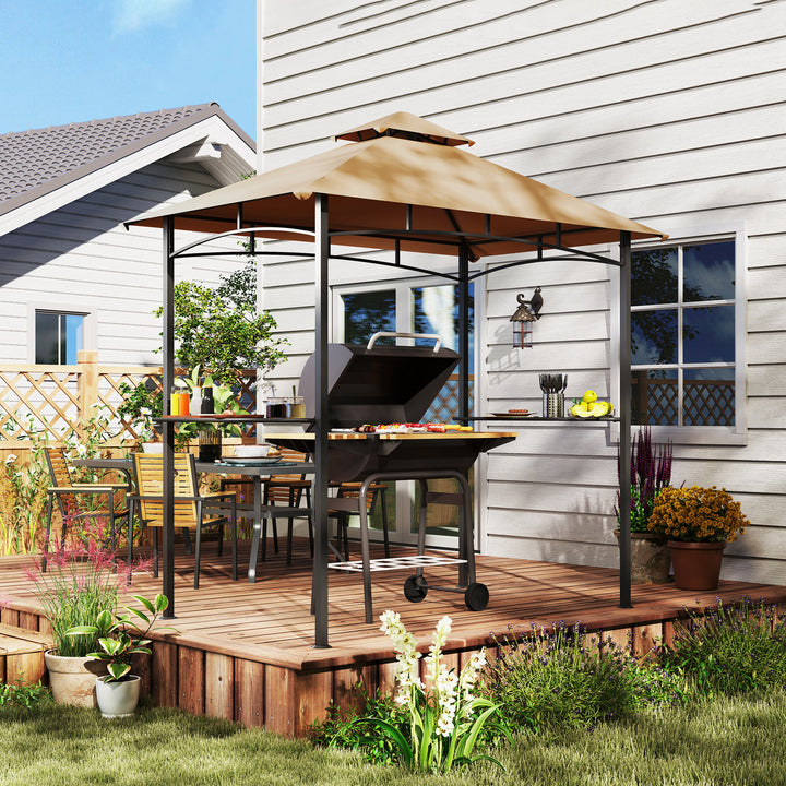 2.5x1.5m (8'x5') Grill Gazebo Canopy, Double Tiered Outdoor BBQ Gazebo Shelter with 2 Side Shelves for Garden, Patio, Barbecue, Picnic, Khaki