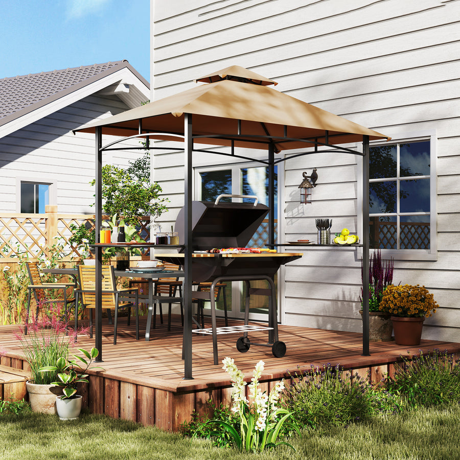 2.5x1.5m (8'x5') Grill Gazebo Canopy, Double Tiered Outdoor BBQ Gazebo Shelter with 2 Side Shelves for Garden, Patio, Barbecue, Picnic, Khaki