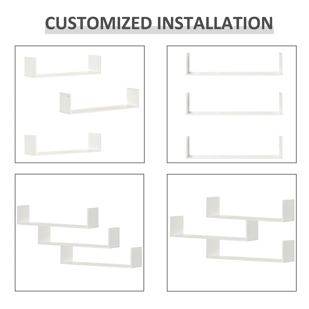 MCL Set of 3 Wooden U-Shaped Floating Shelves Set Wall Mounted Hanging Bookshelf CD DVD Storage Display for Bedroom Living Room Kitchen, White