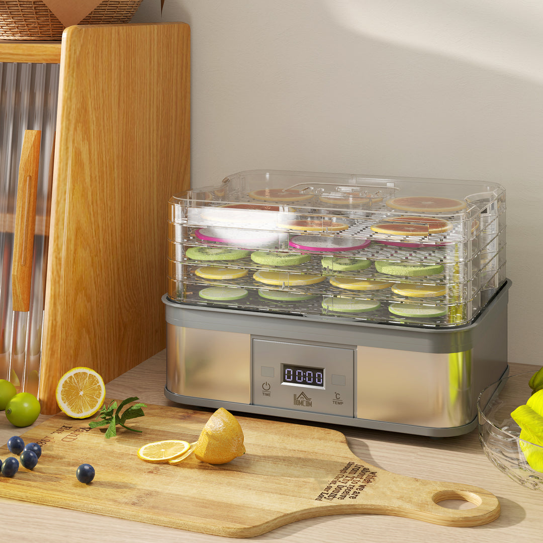 HOMCOM Food Dehydrator 5 Tier Dehydrator Machine, 245W Stainless Steel Food Dryer Machine w/ Adjustable Temperature, Timer & LCD Display | Aosom UK