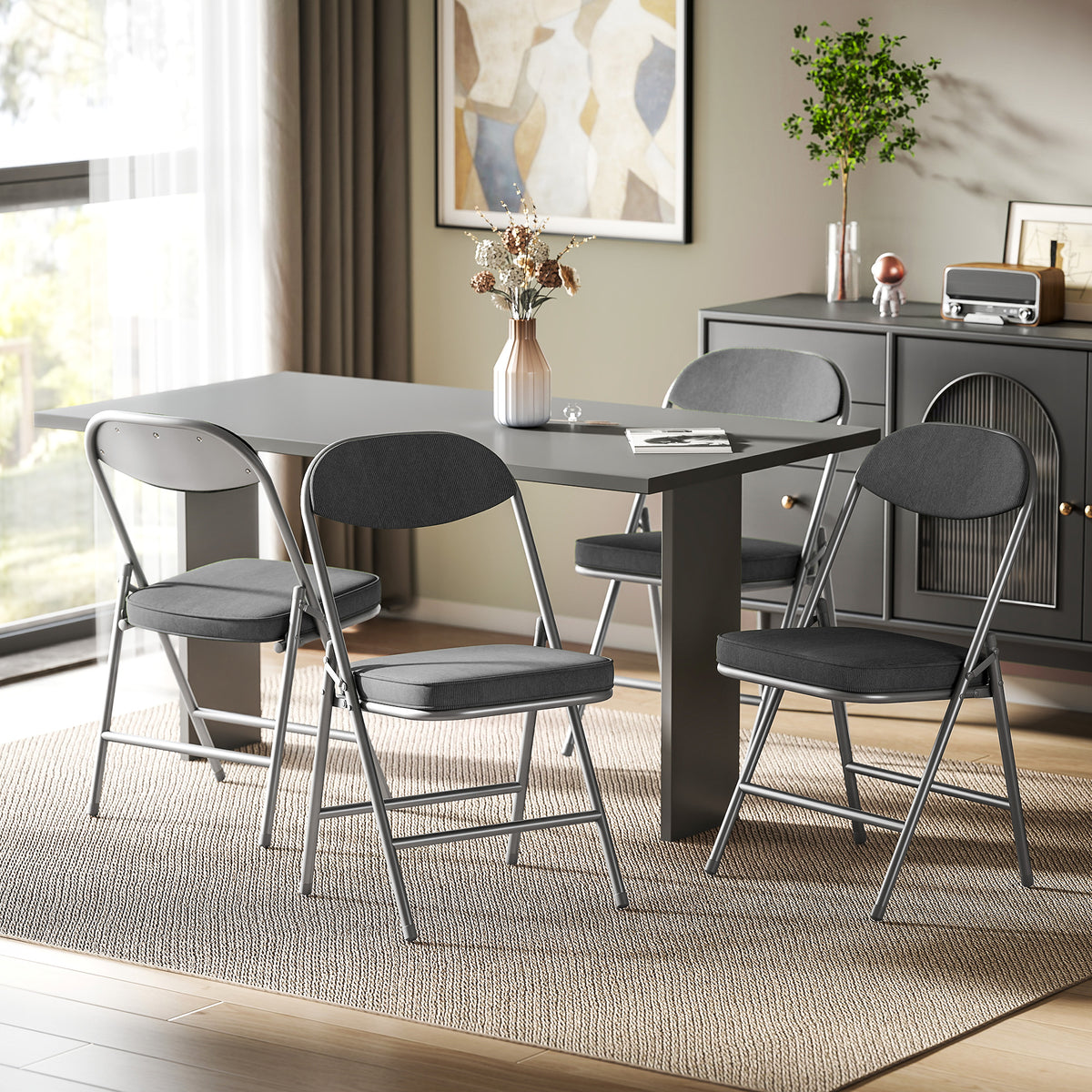 Set of Four Folding Corduroy Seat Chairs - Dark Grey