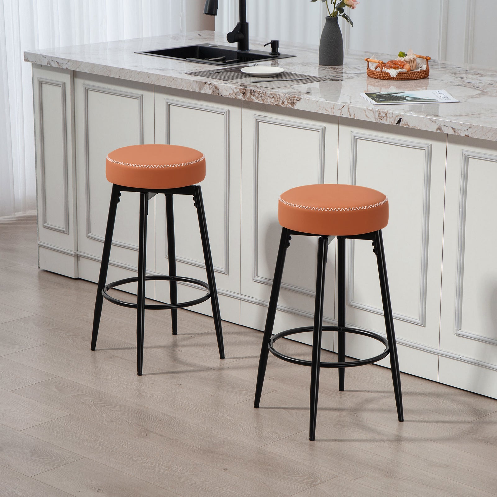 Set of Two Faux Leather Bar Stools - Brown/Black
