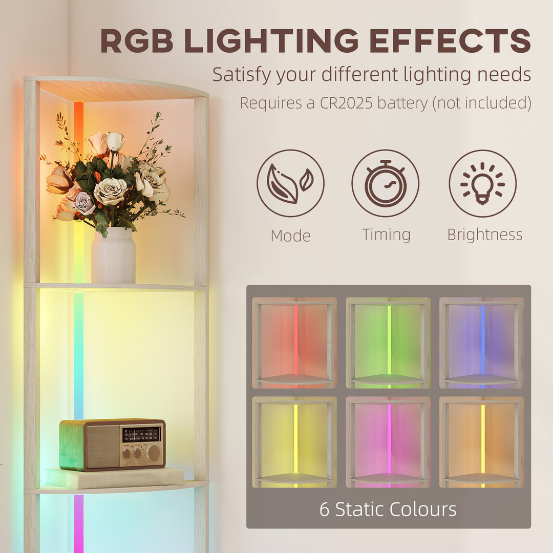 RGB LED Floor Lamp with Shelves, 5-Tier Dimmable Standing Lamp with Adjustable Brightness and Remote Control, Modern Corner Display Shelf Unit for Living Room Bedroom Office, Oak