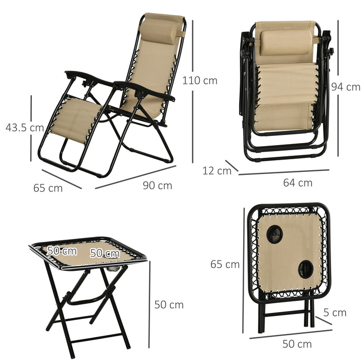 MCL Folding Zero Gravity Chairs, 3 Pieces Adjustable Sun Lounger and Table Set with Cup Holder and Headrest, Patio Bistro Set with Reclining Garden Chairs for Outdoor, Beige
