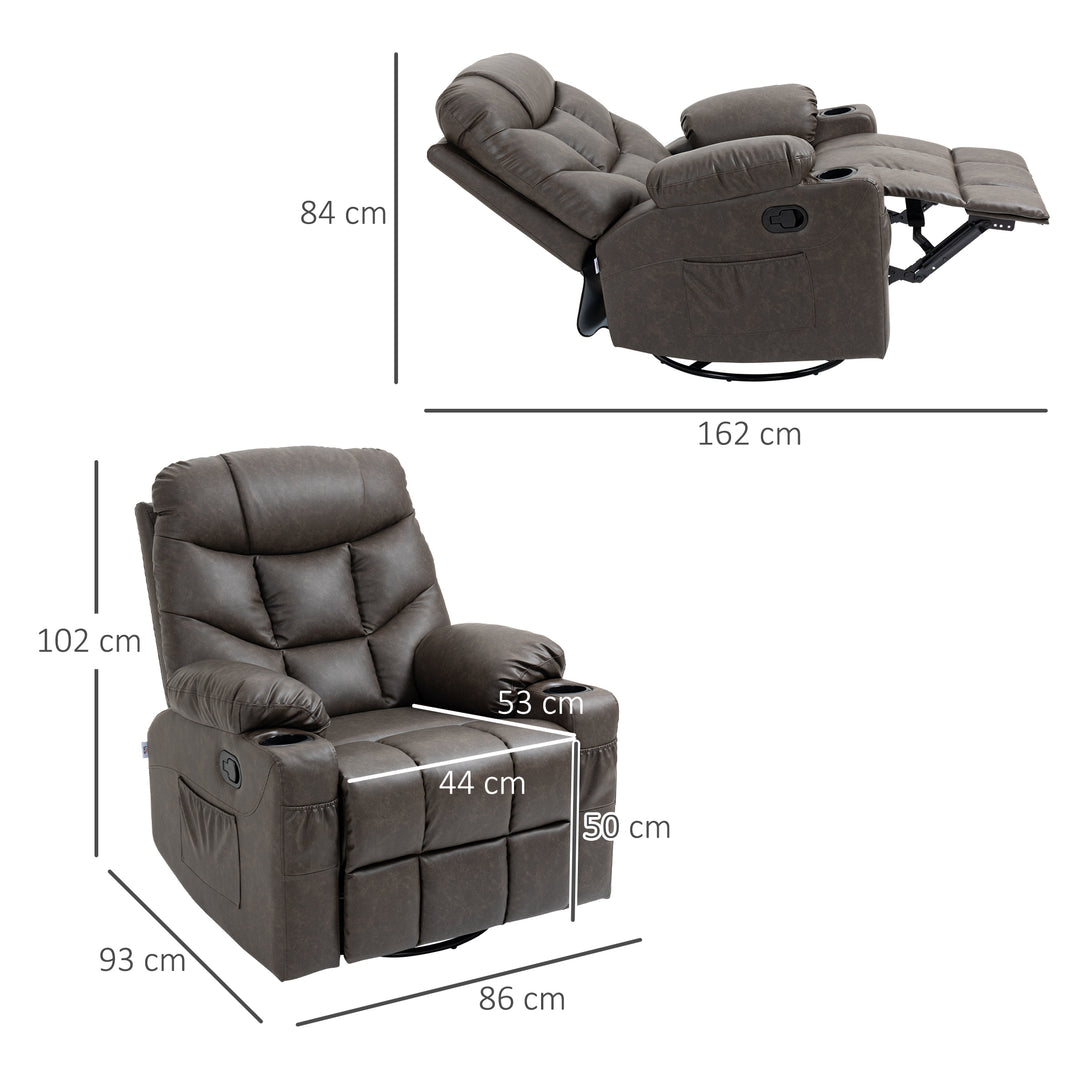 HOMCOM Manual Reclining Chair, Recliner Armchair with Faux Leather, Footrest, Cup Holders, 86x93x102cm, Brown | Aosom UK