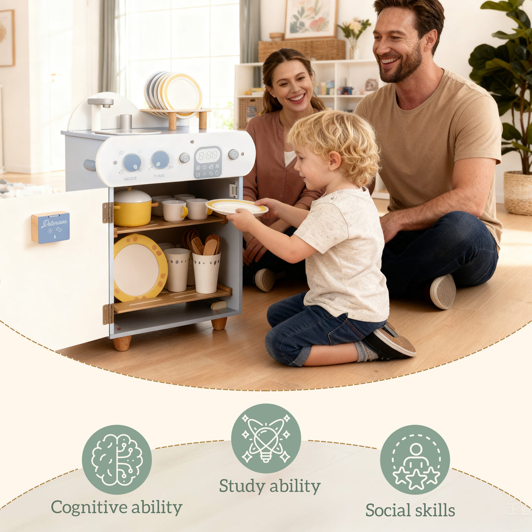 MCL Wooden Dishwasher Playset, Kitchen Sink Toys with Faucet, Sink and Accessories, Gift for Boys Girls Toddlers