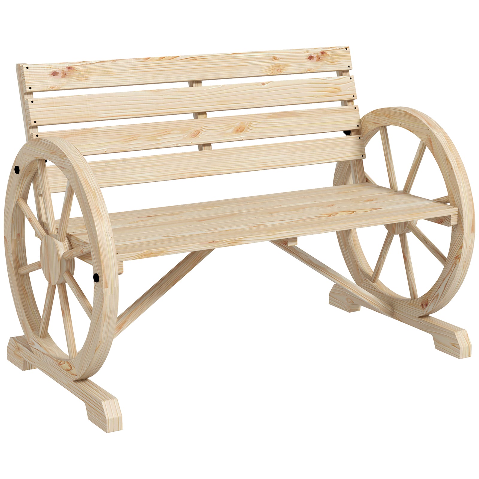 Wagon Wheel Chair Bench Armrest Rustic Loveseat Wood Outdoor Garden, Natural