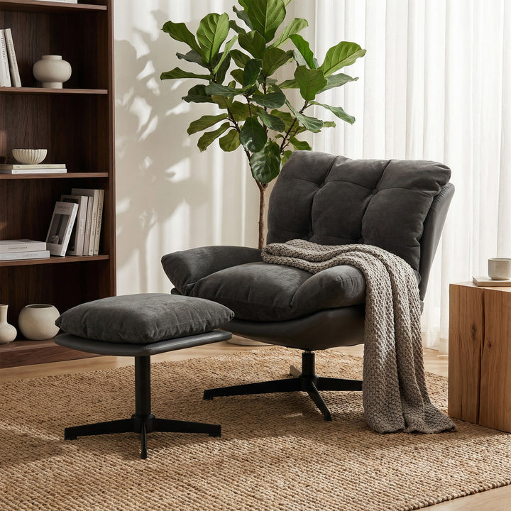 Accent Chair with Footstool, Swivel Lounge Chair with Chenille Upholst