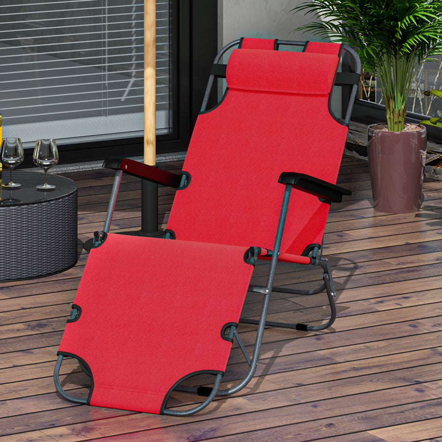 2 in 1 Folding Sun Lounger Reclining Garden Chair with 2-Level Adjustable Backrest, Outdoor Zero Gravity Recliner Garden Chair with Head Pillow and Armrests, Red