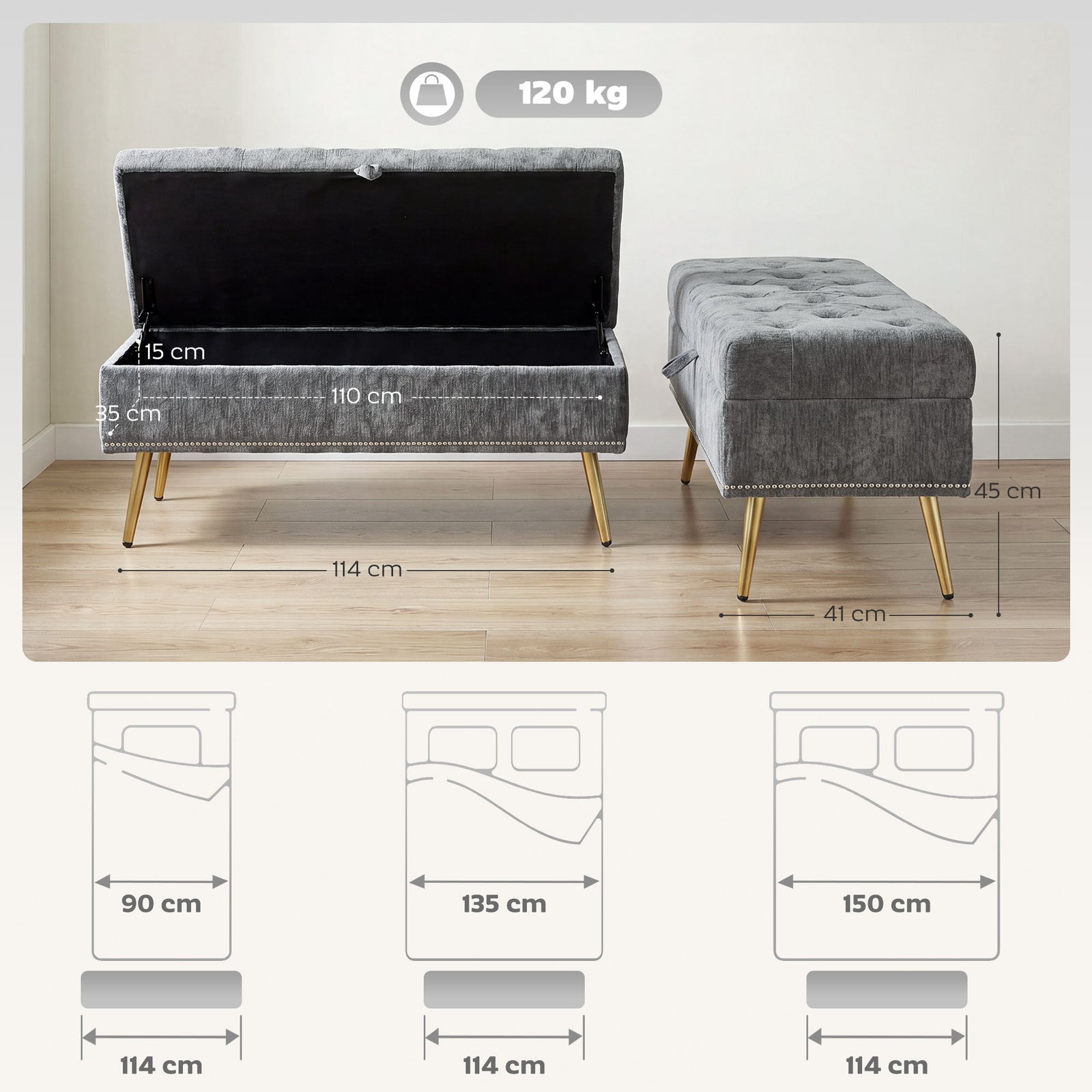 Storage Ottoman, Chenille Upholstered Ottoman Storage Box with Padded 