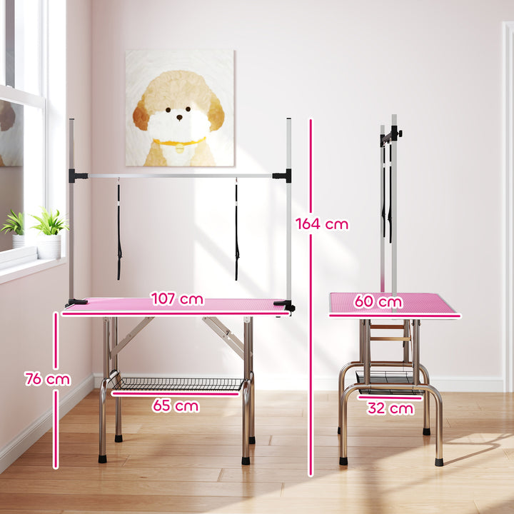 42" Dog Grooming Table, Adjustable Pet Cat Drying Beauty Table with 2 Loops Storage Basket, Rubber Top, Pink