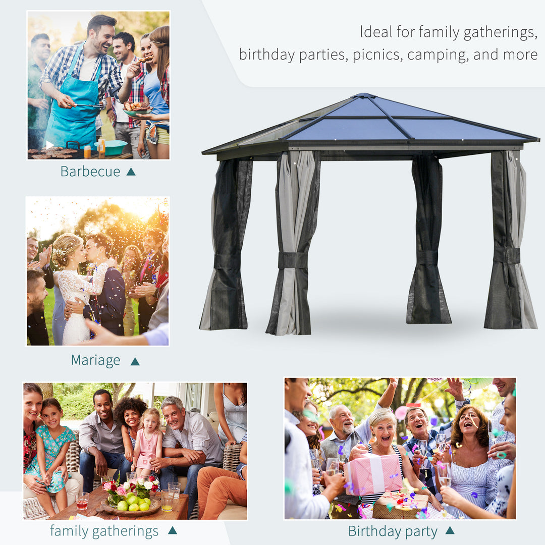 3 x 3(m) Hardtop Gazebo Canopy with Polycarbonate Roof, Aluminium Frame, Permanent Pavilion Garden Gazebo with Netting and Curtains for Patio, Deck, Dark Grey