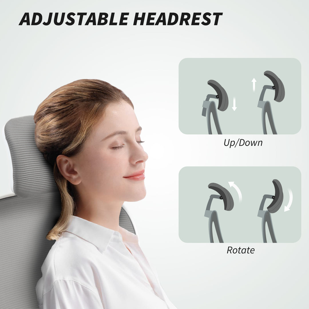 Executive Office Chair, Ergonomic Mesh High Back Desk Chair with Flip-up Armrest, Rotatable Headrest, Adjustable Lumbar Support for Home Study, Grey