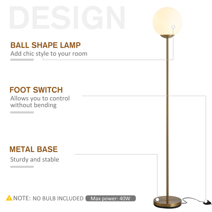 HOMCOM 171cm Glass Globe Floor Lamp Metal Frame Sphere Light Pedal Switch Home Office Living Room Modern Unique Standing Beautiful Furnishing