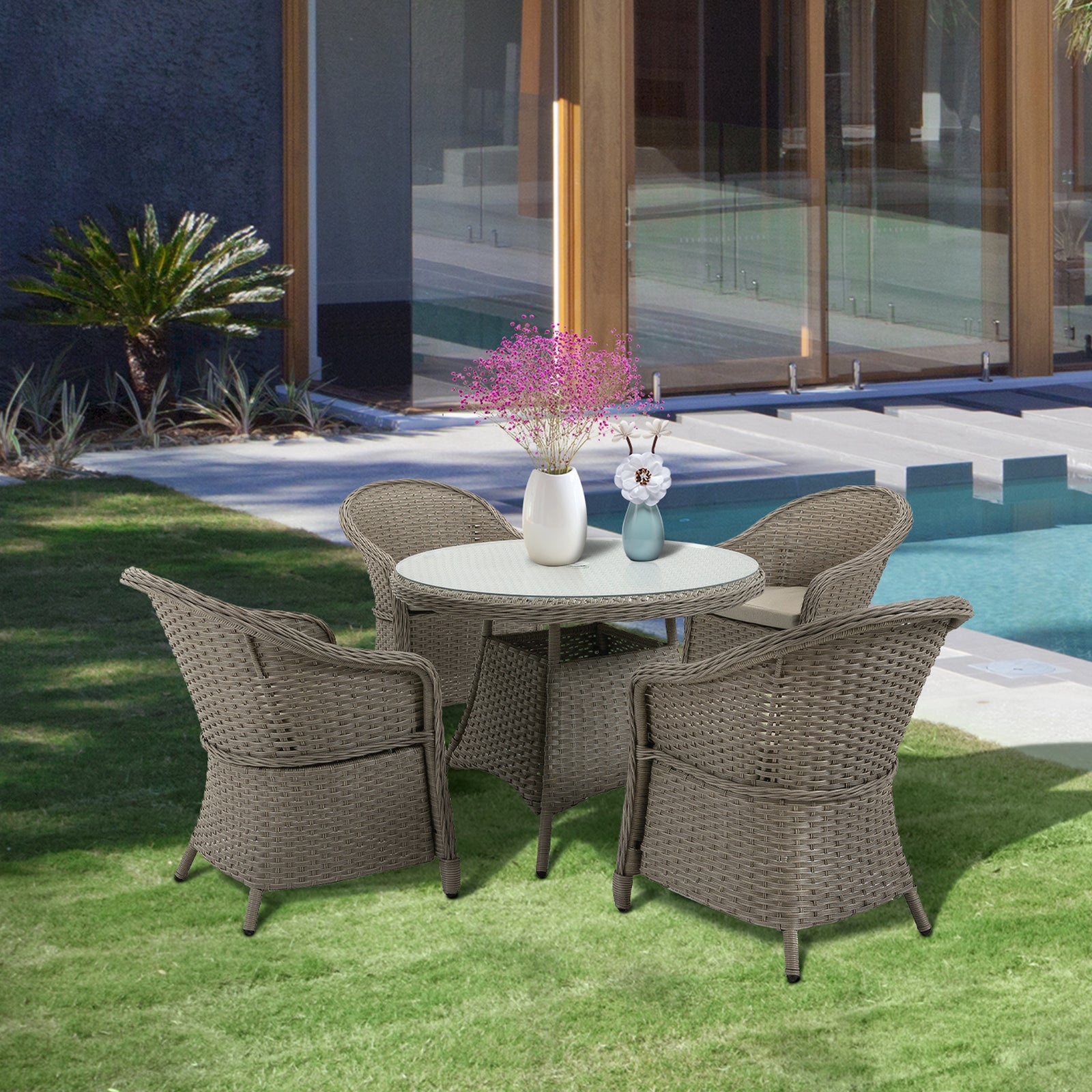 4 Seater Rattan Garden Furniture Set with Cushions, Round PE Rattan Dining Set with Glass-Top Table, Umbrella Hole, Outdoor Garden Table and Chairs, Mixed Grey