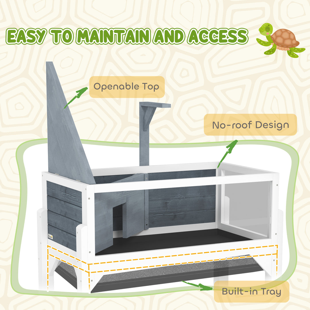 Wooden Tortoise House with Storage Shelf, Clear Observation Windows, Lamp Holder, Openable Top, Built-in Tray, Grey