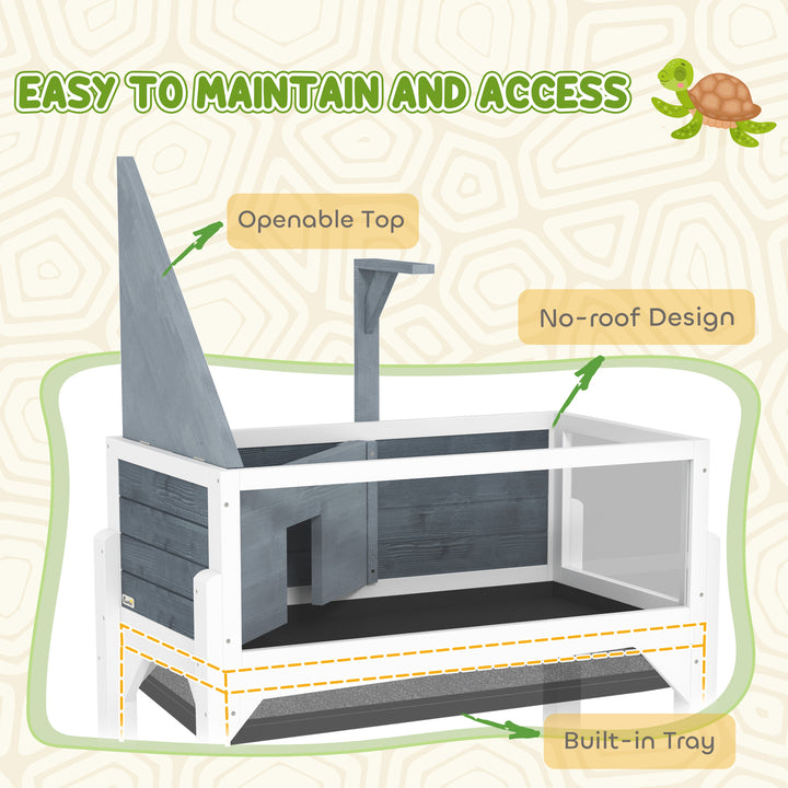 Wooden Tortoise House with Storage Shelf, Clear Observation Windows, Lamp Holder, Openable Top, Built-in Tray, Grey