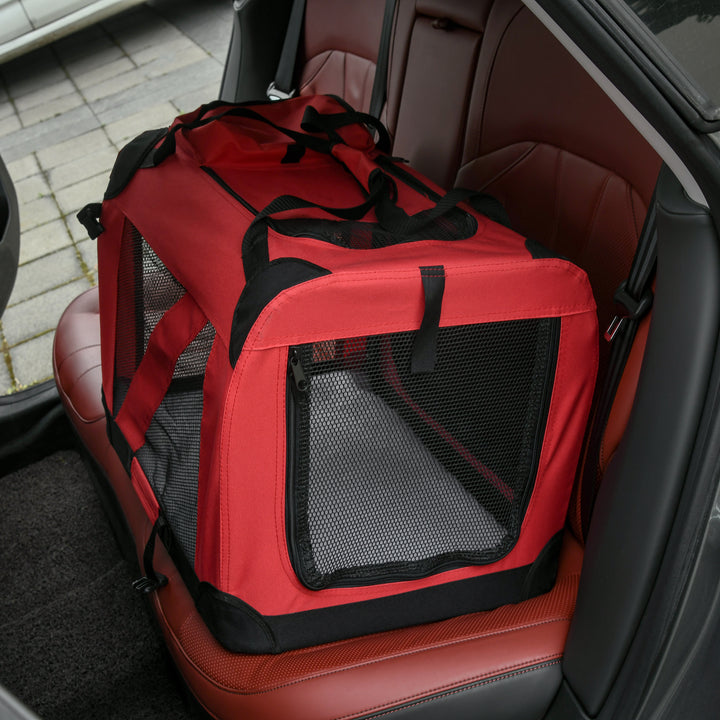 MCL Foldable Pet Carrier for Small and Miniature Dogs, Portable Cat Carrier Soft Side Pet Travel Crate with Removable Mat, Storage Bags, Breathable Mesh Window 60 x 42 x 42cm - Red