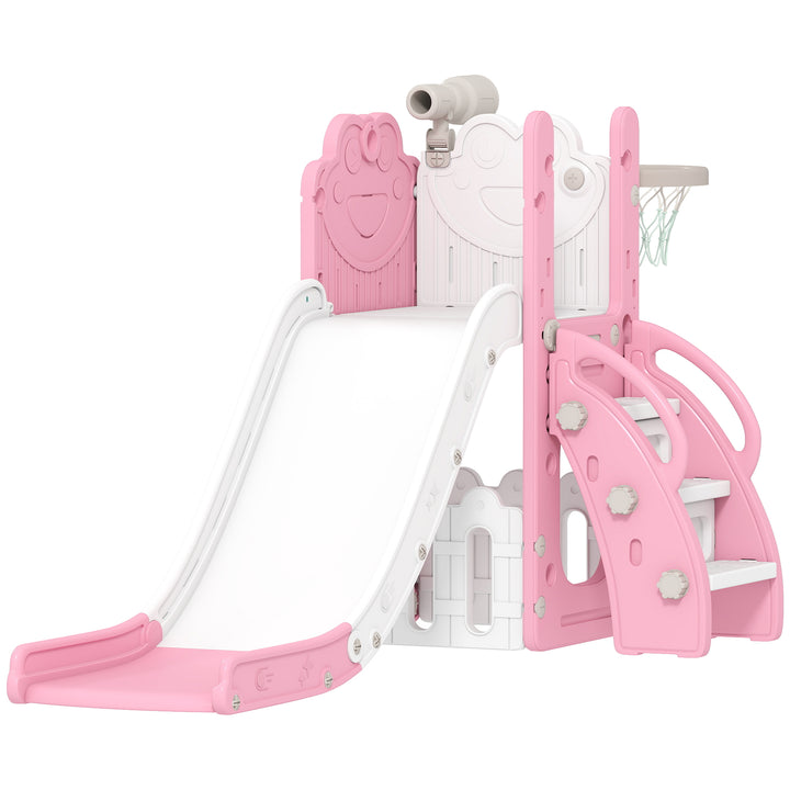 5 in 1 Kids Slide Set with Basketball Hoop, Climbing Frame, Telescope,