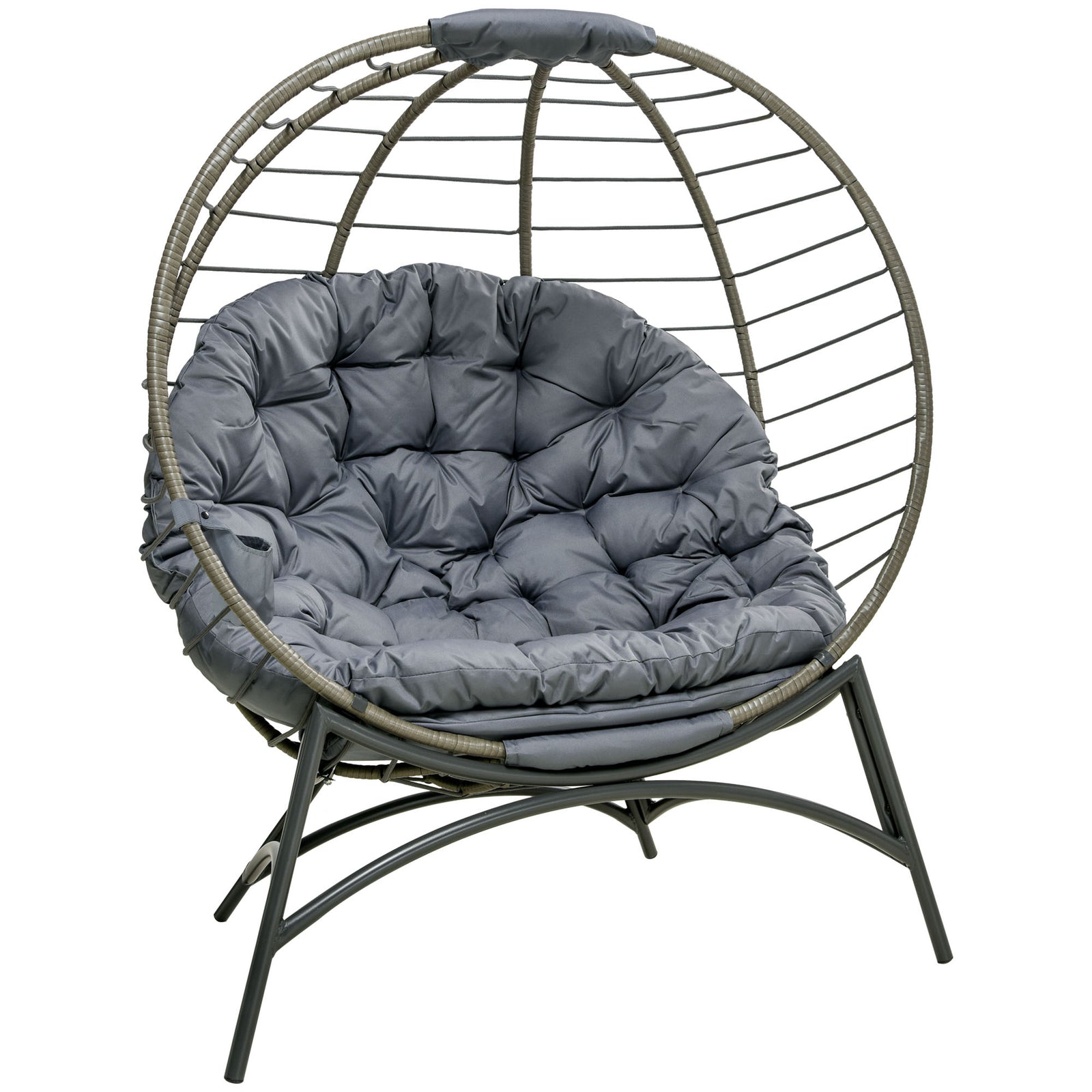 Folding Rattan Egg Chair, Freestanding Basket Chair with Cushion, Bottle Holder Bag for Outdoor or Indoor, Grey