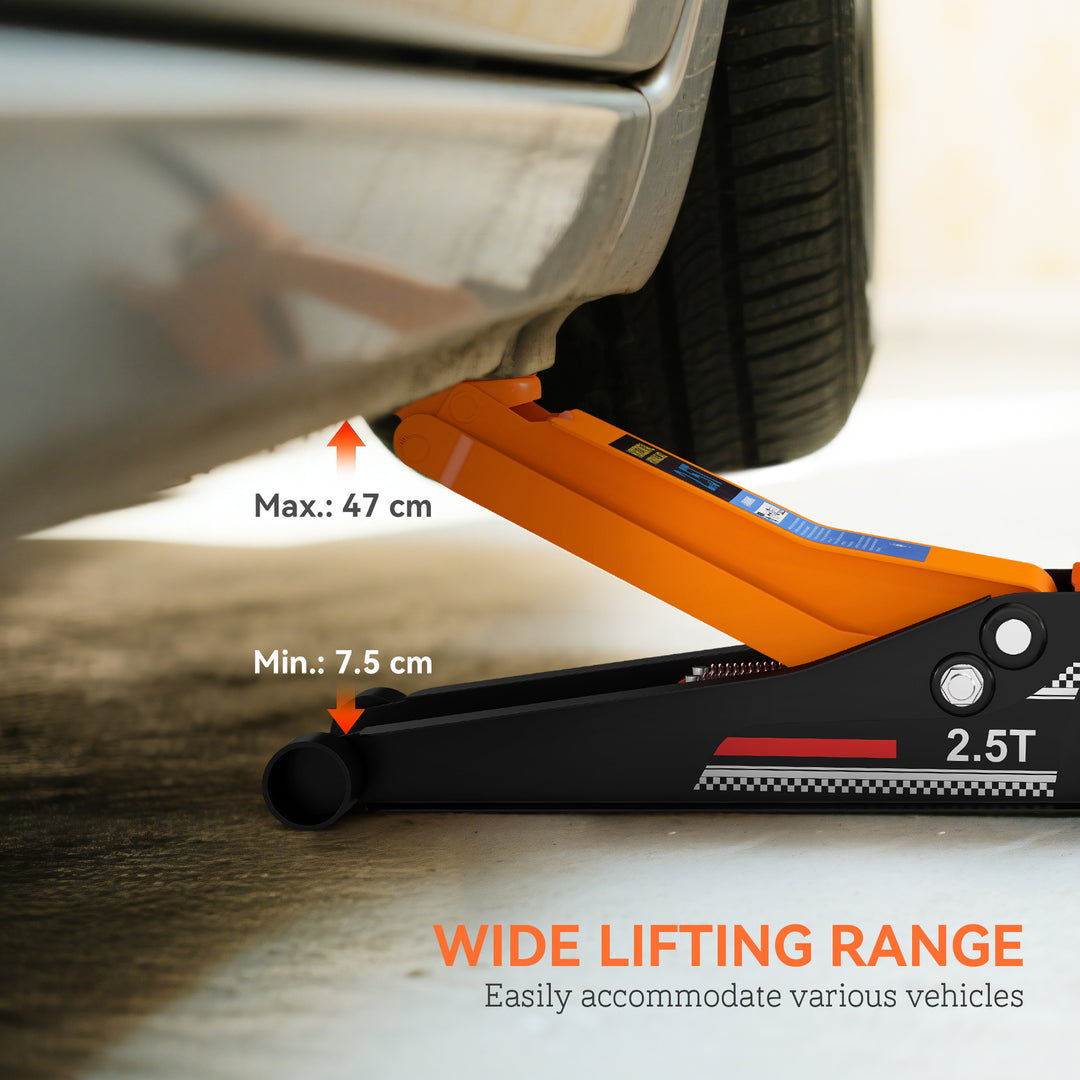 2.5 Ton Hydraulic Low-Profile Floor Jack, with 7.5-47cm Lifting Range, Wheels, Orange