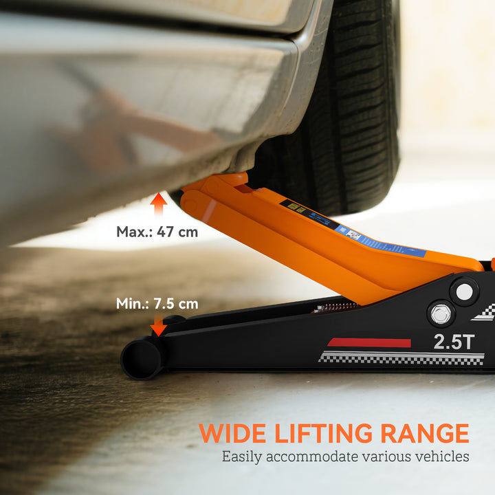 2.5 Ton Hydraulic Low-Profile Floor Jack, with 7.5-47cm Lifting Range, Wheels, Orange