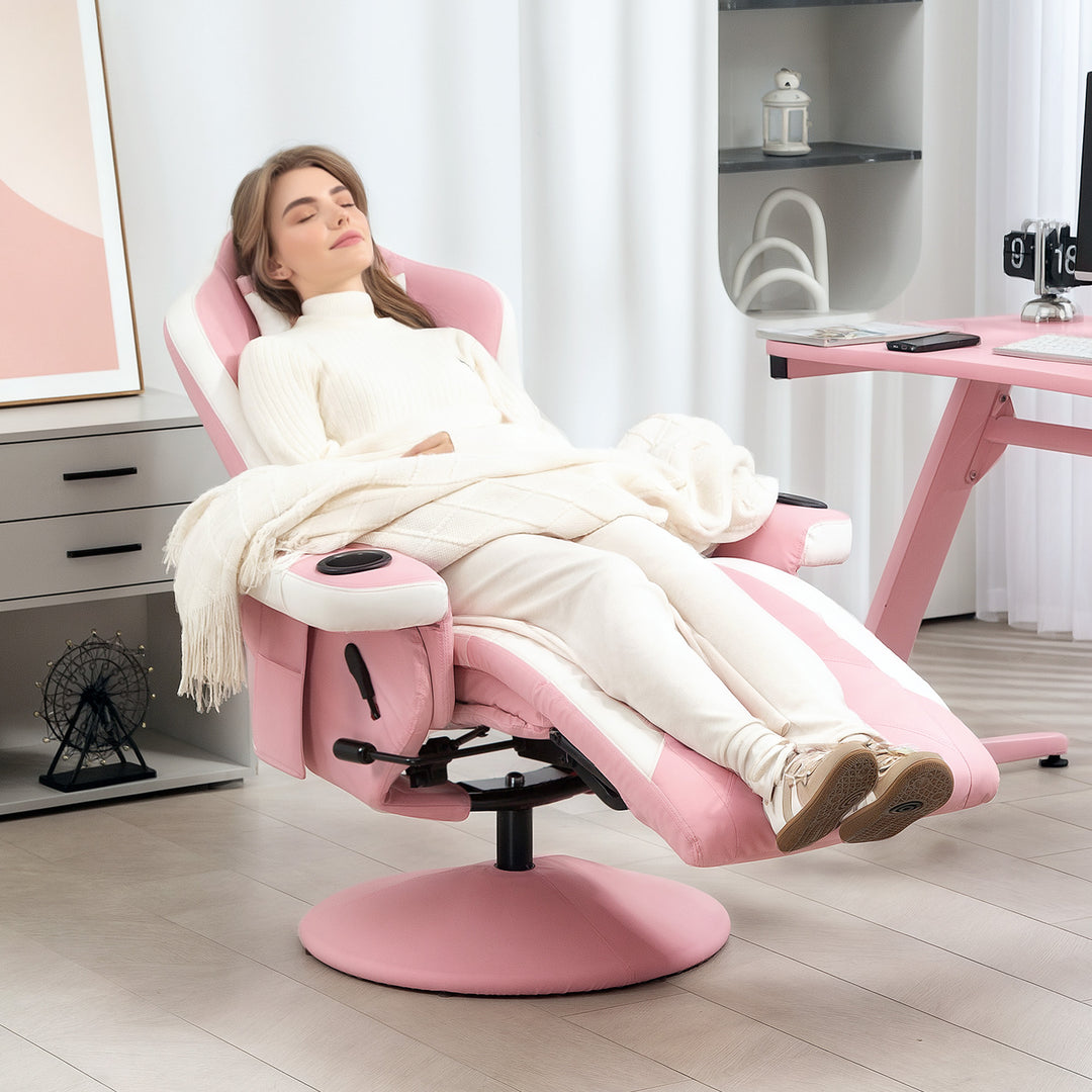 Manual Recliner Armchair PU Leather Lounge Chair w Adjustable Leg Rest, 135° Reclining Function, 360° Swivel, Pink