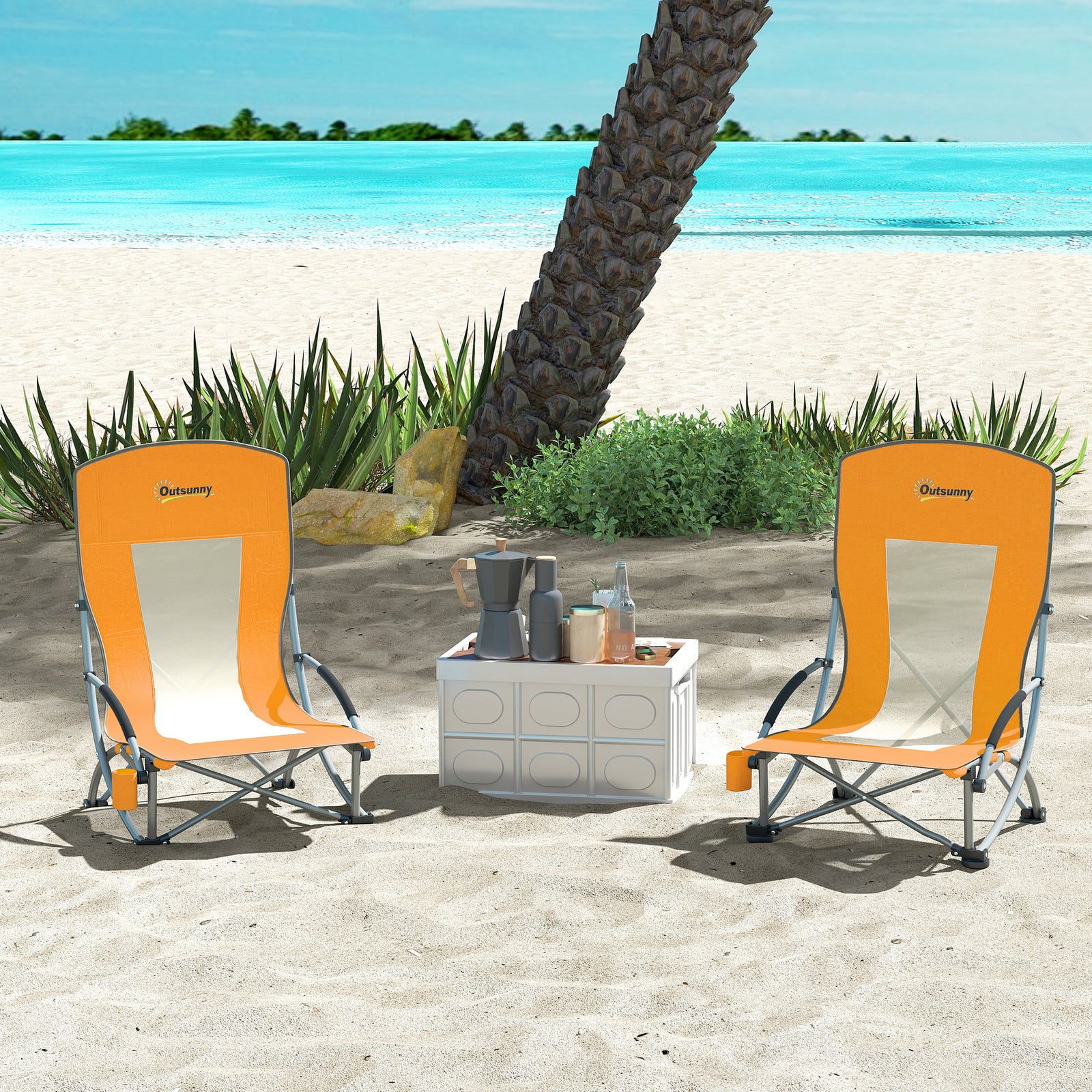 Set of 2 Folding Beach Chair, Low Camping Chair with Mesh Back, Carry Bag and Cup Holder for Garden Outdoor Picnic Festival Travel, Orange