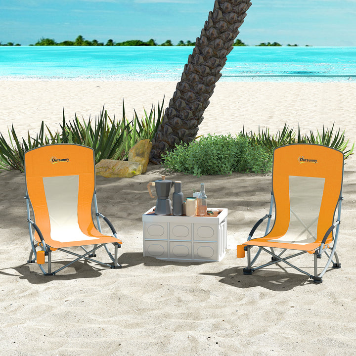 Set of 2 Folding Beach Chair, Low Camping Chair with Mesh Back, Carry Bag and Cup Holder for Garden Outdoor Picnic Festival Travel, Orange