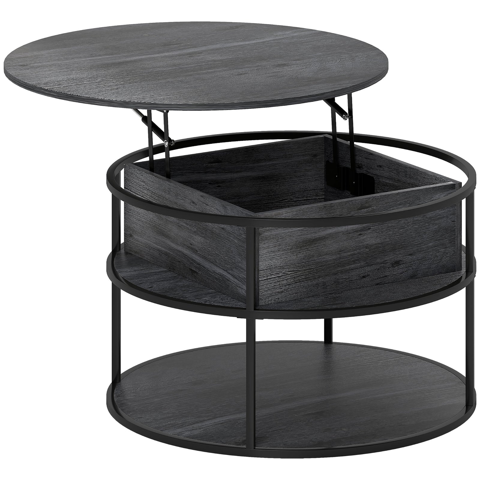 Lift Top Coffee Table, Round Coffee Table with Storage Shelf, Hidden Compartment and Steel Frame for Living Room, Home Office, Charcoal Grey