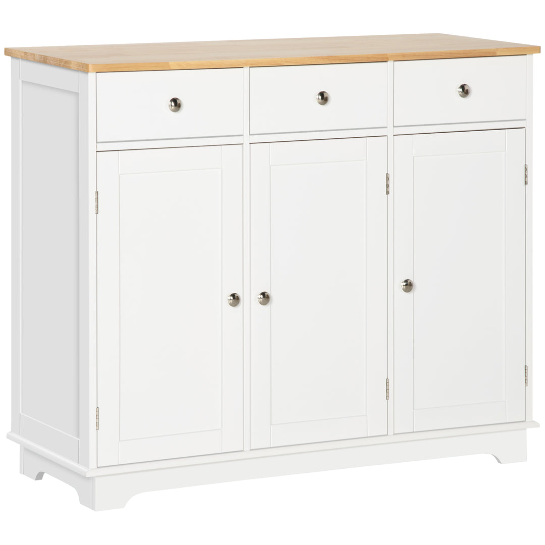 Sideboard with Rubber Wood Top, Modern Storage Cabinet, Kitchen Cupboard with 3 Doors, 3 Drawers and 3 Adjustable Shelves for Dining Room, Living Room, White