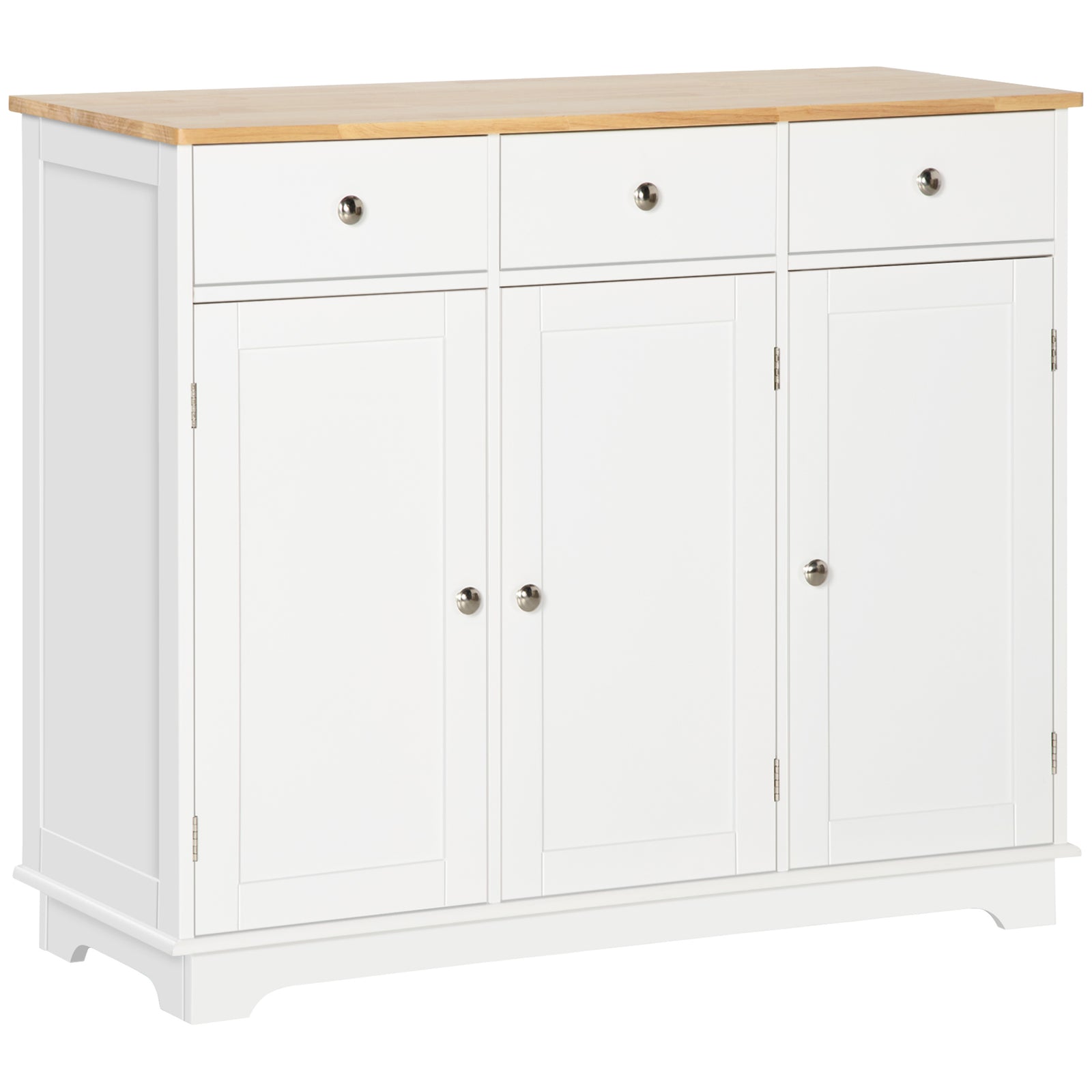 Sideboard with Rubber Wood Top, Modern Storage Cabinet, Kitchen Cupboard with 3 Doors, 3 Drawers and 3 Adjustable Shelves for Dining Room, Living Room, White
