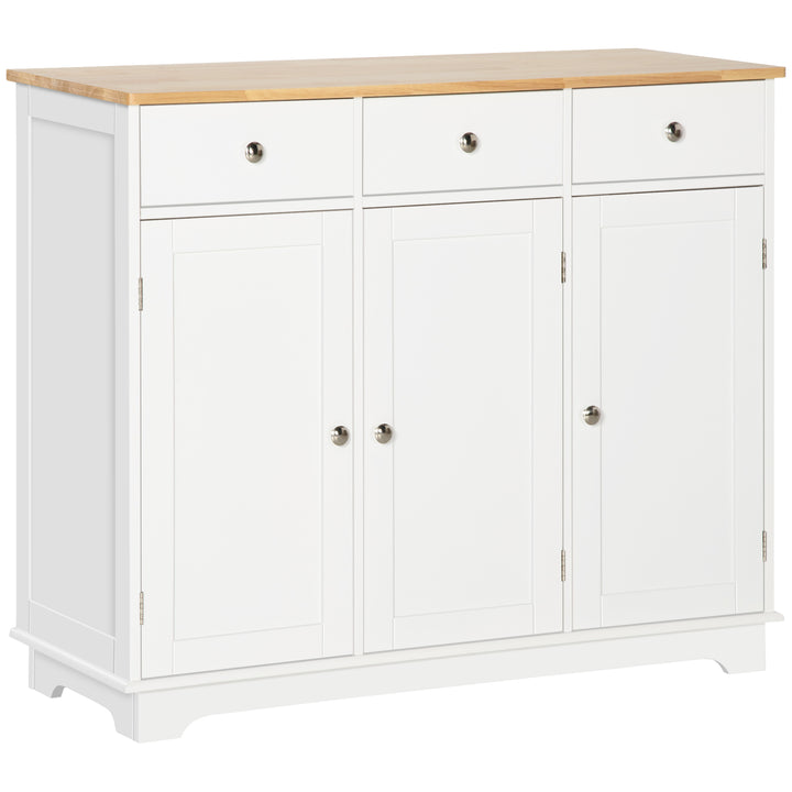 Sideboard with Rubber Wood Top, Modern Storage Cabinet, Kitchen Cupboard with 3 Doors, 3 Drawers and 3 Adjustable Shelves for Dining Room, Living Room, White