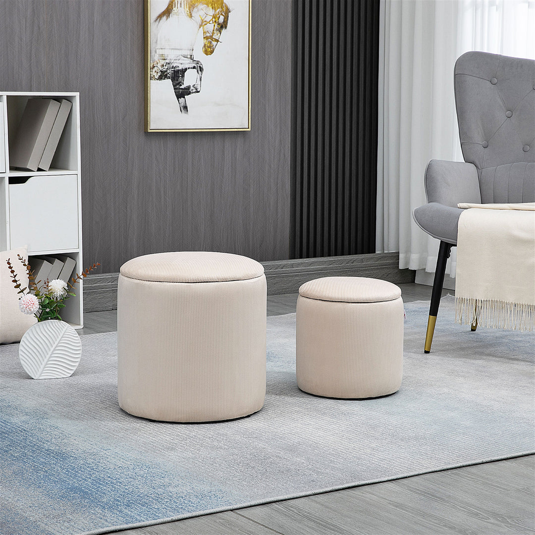 Set of 2 Round Ottoman with Storage, Fabric Vanity Stool for Makeup, Footrest Stool with Removable Lid for Living Room & Bedroom, Cream White