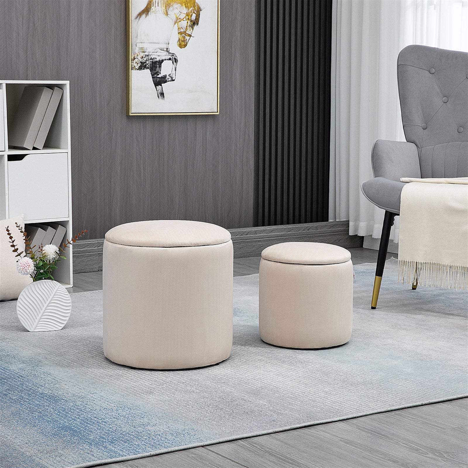 Set of 2 Round Ottoman with Storage, Fabric Vanity Stool for Makeup, Footrest Stool with Removable Lid for Living Room & Bedroom, Cream White