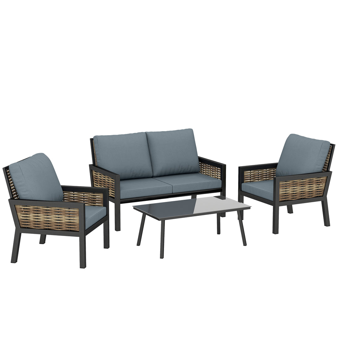 4 Seater Rattan Garden Furniture Set with 2 Armchairs, Loveseat, Coffe