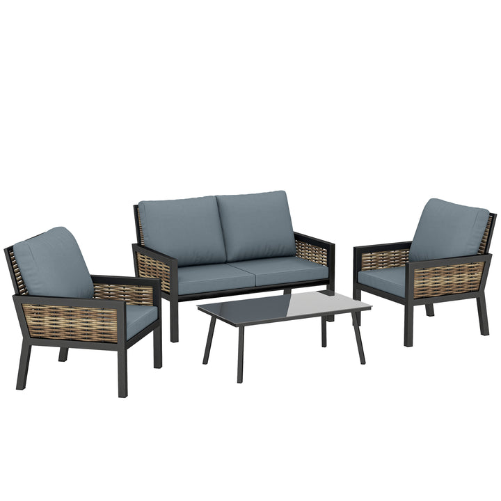 4 Seater Rattan Garden Furniture Set with 2 Armchairs, Loveseat, Coffe