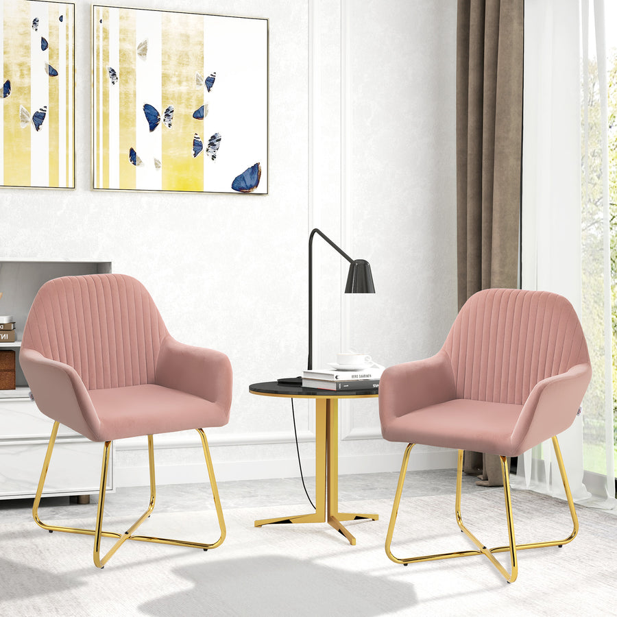 Modern Arm Chair Set of 2 Upholstered Accent Chair with Metal Base for Living Room Pink
