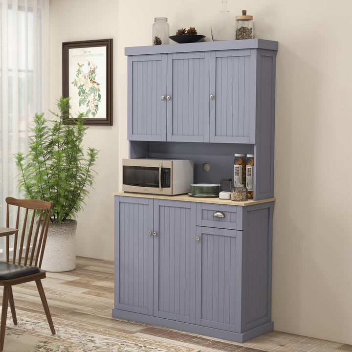 180cm Freestanding Kitchen Cabinet, Modern Storage Cupboard with Open Countertop, Drawer and 6 Doors