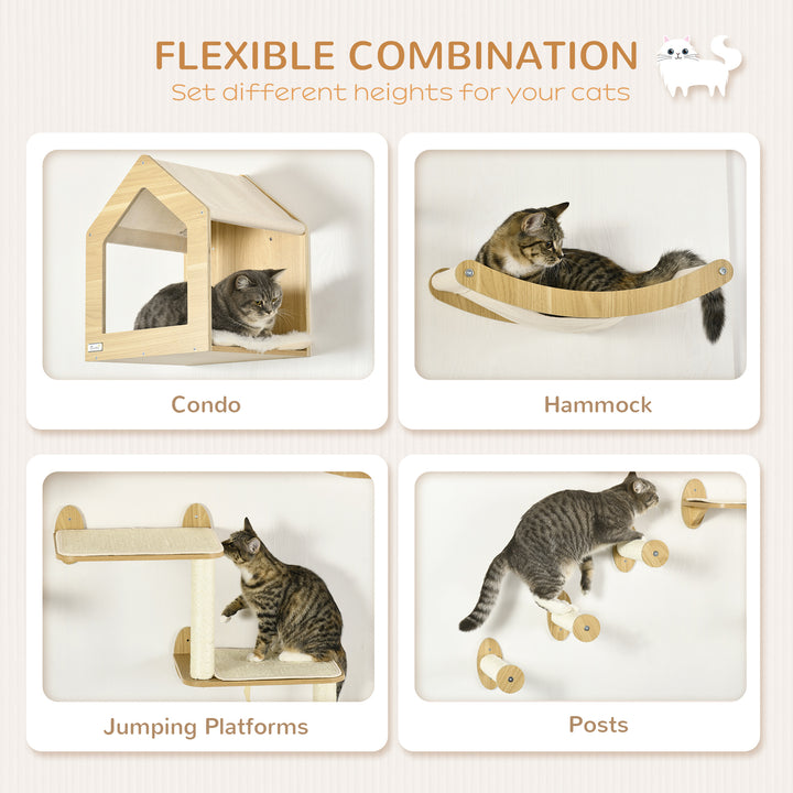 PawHut 8PCs Cat Shelves Set, Cat Wall Furniture with Condo, 3 Perches, 3 Scratching Posts, Steps, Wall Mounted Cat Tree for Indoor Cats, Beige
