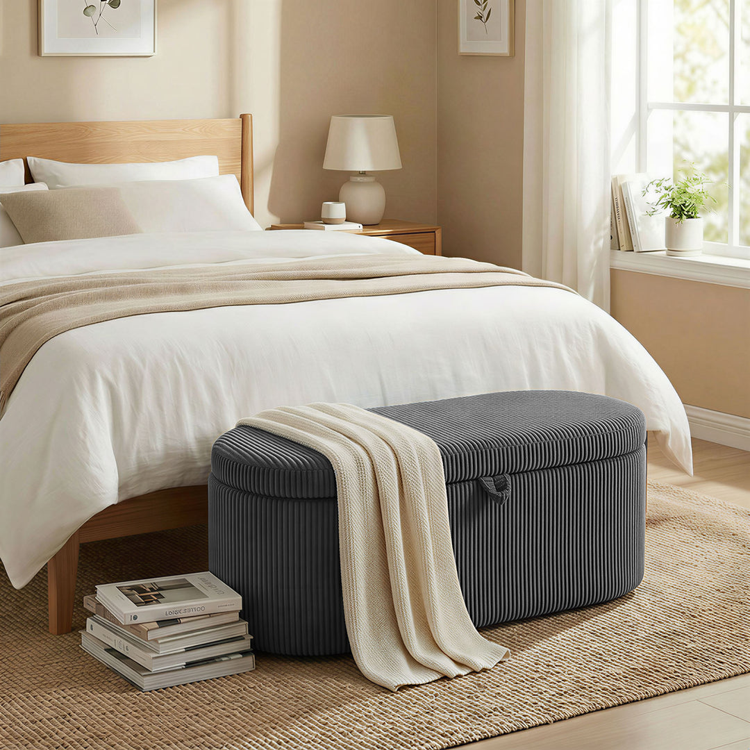 Storage Ottoman, Corduroy Upholstered Ottoman Storage Box with Padded 