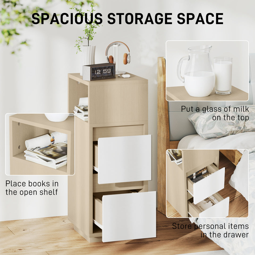 Slim Bedside Table, Narrow Bedside Cabinet with Open Shelf and 2 Drawers for Bedroom, Living Room