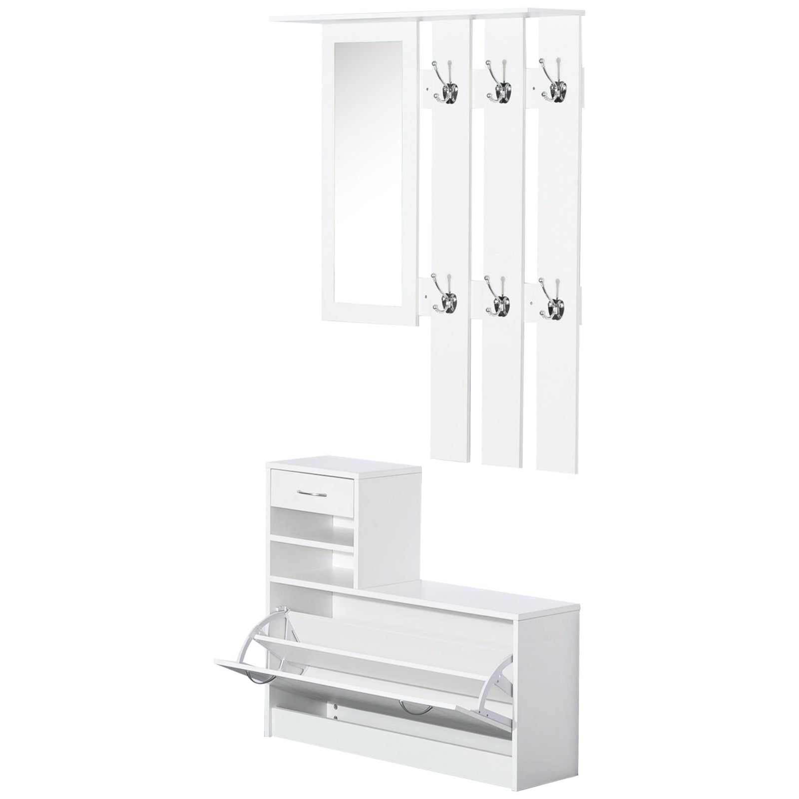 2PC Shoes Storage Chest Cloths Rack Unit w/Mirror Multiple Shelves Large Storage Capacity Shoes Cabinet 6 Hooks Cloth Rack White