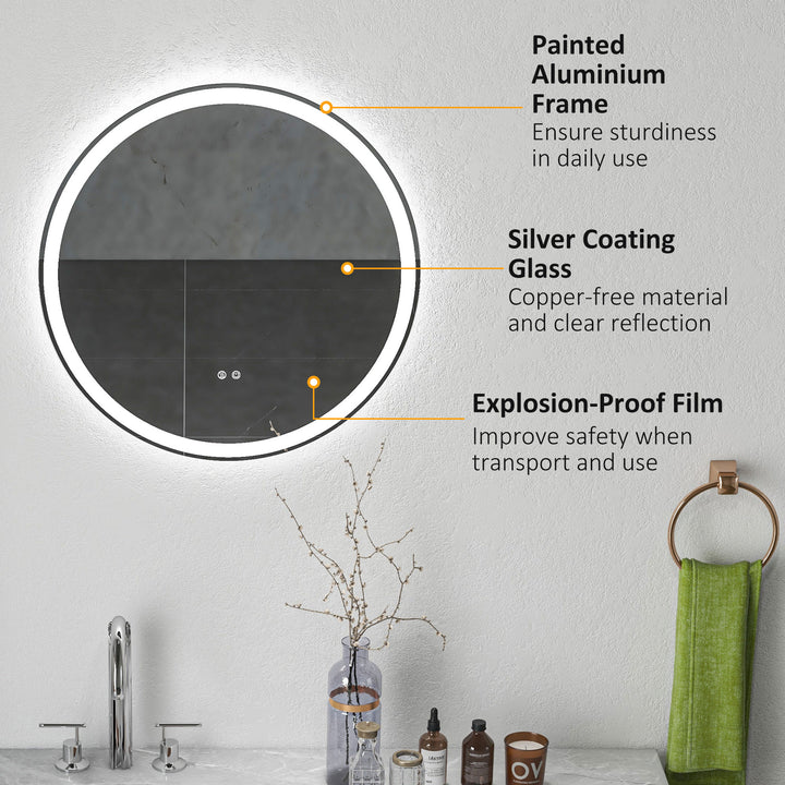 Round Bathroom Mirror with LED Lights, Wall Mount Dimmable Makeup Mirror with 3 Temperature Colours, Defogging Film and Memory Function, Frameless, Hardwired, 60 x 60 cm