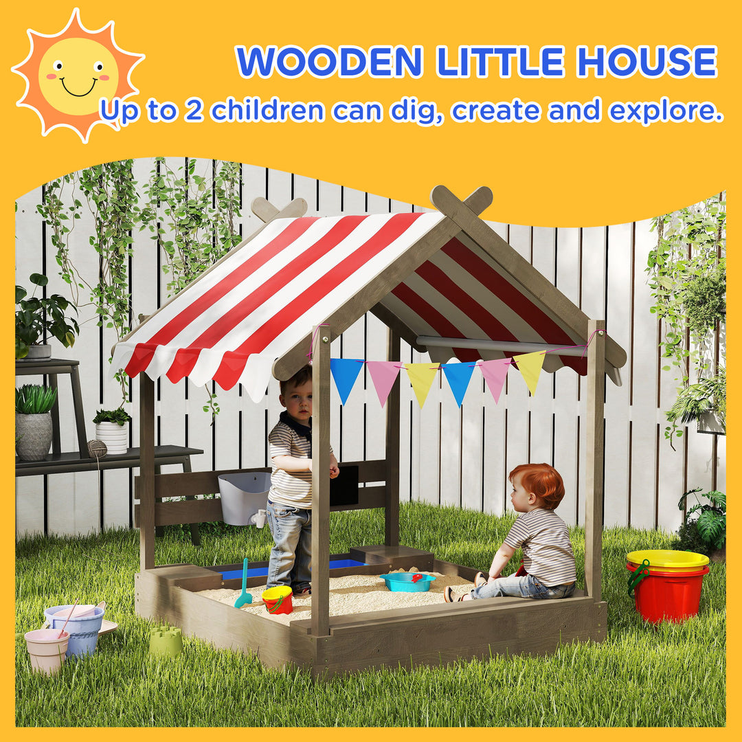House-Designed Wooden Sandbox, Outdoor Sandpit, with Blackboard, Toys, Sink, Seats, Flags, for Ages 3-7 Years - Grey
