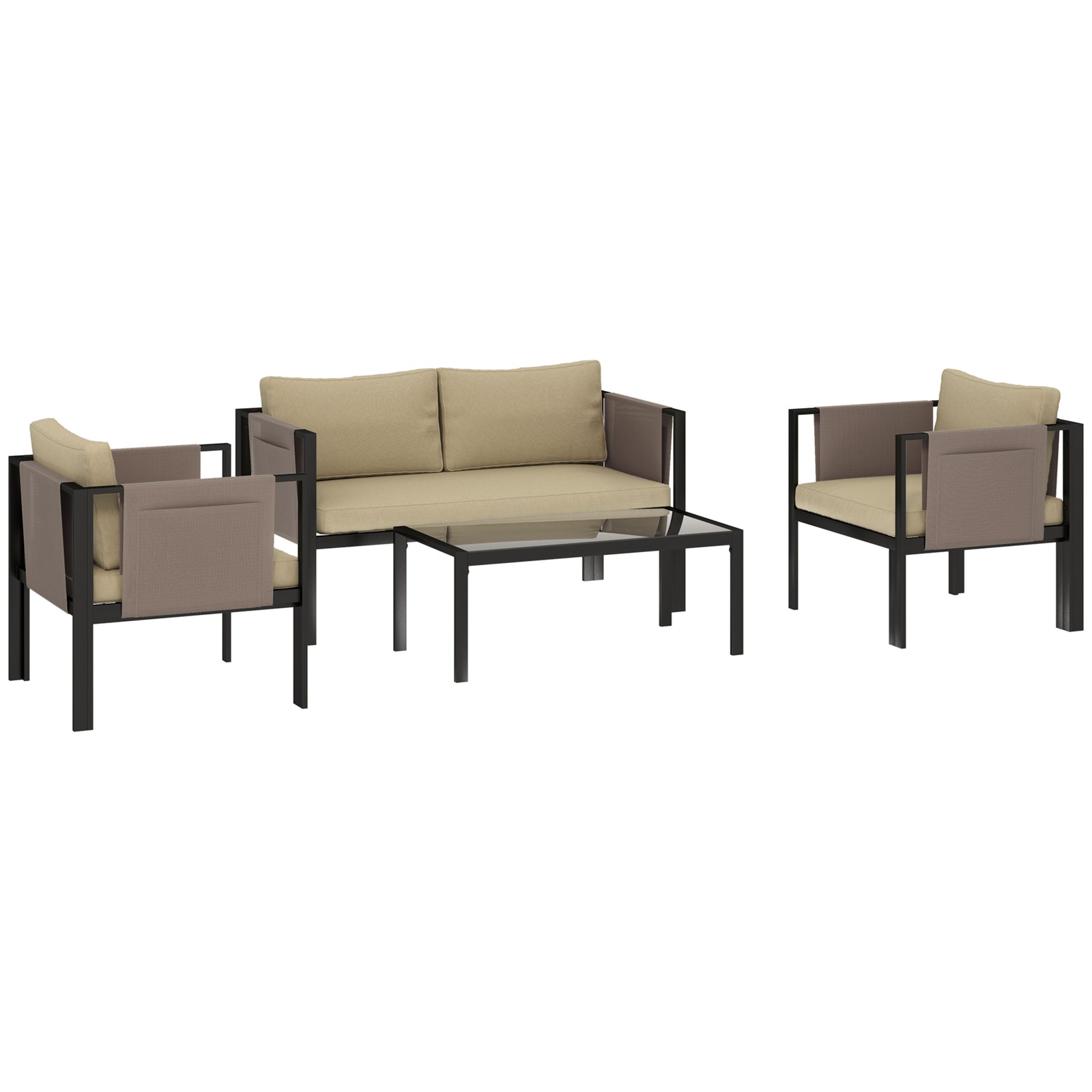 4 Piece Metal Garden Furniture Set with Tempered Glass Coffee Table, Texteline Pocket, Outdoor Set Loveseat Single Armchairs with Padded Cushions, Khaki