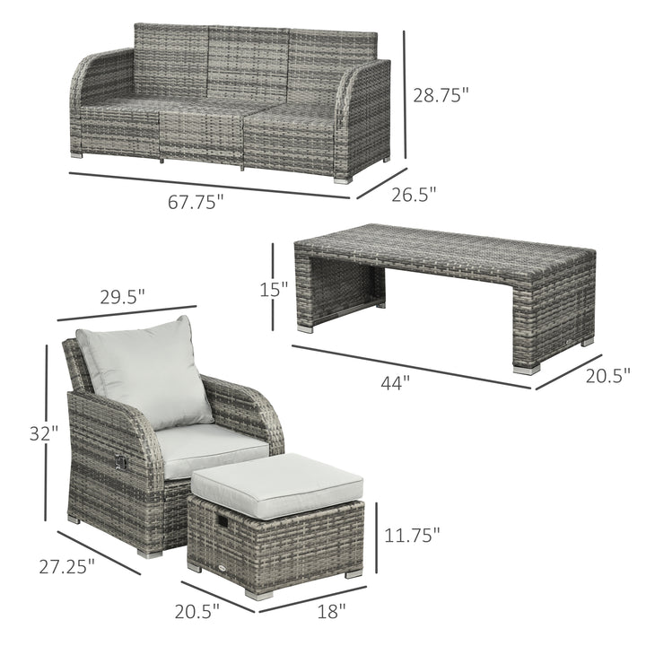 Six-piece Outdoor Rattan Dining Set, Outdoor Sofa Set with Reclining Armchairs and Mental Frame, Grey